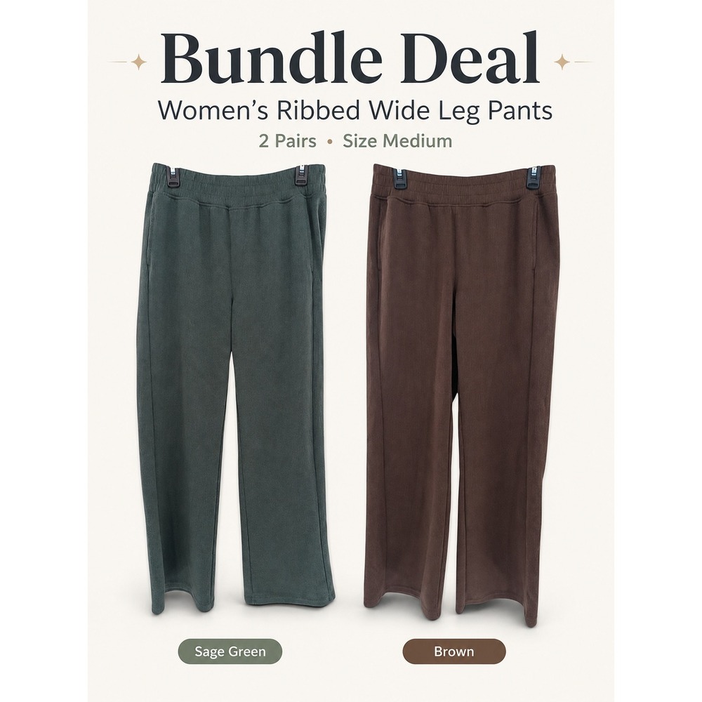 Spyder Ribbed Wide Leg Pants Women Medium Green Brown 2 Pack Bundle Athleisure